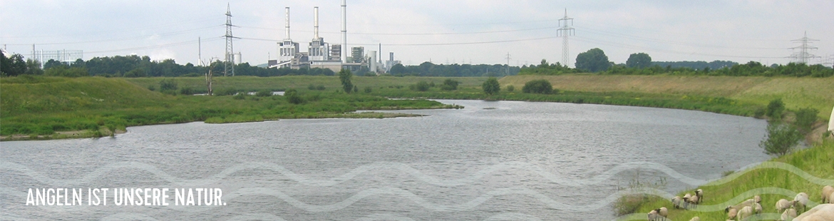 Flussverlauf mit Kraftwerk im Hintergrund