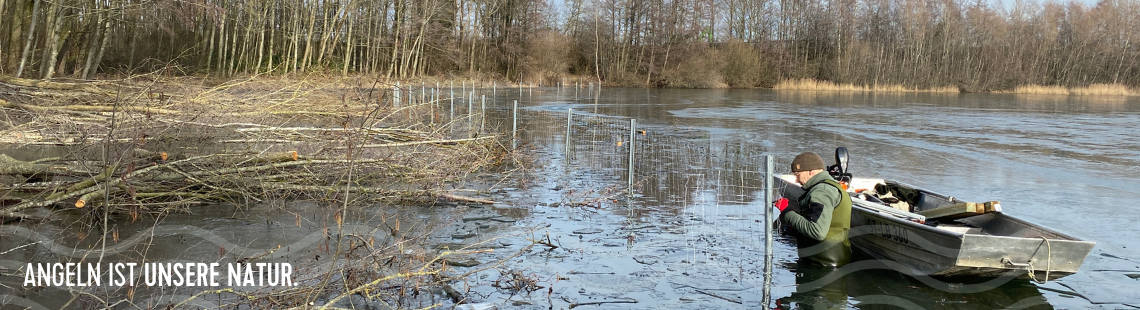 Helfer im Wasser am Zaun einer Schutzzone
